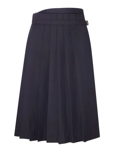 Dries Van Noten Navy Blue Pleated Midi Skirt In Yellow