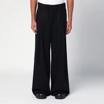 Dries Van Noten Navy Blue Wool Baggy Trousers In Black