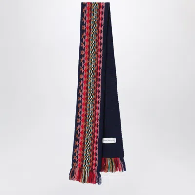 Dries Van Noten Navy Blue Wool Scarf With Multicolour Jacquard Pattern In Pink