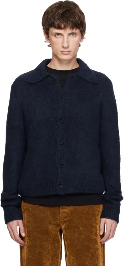 Dries Van Noten Navy Brushed Cardigan In Blue