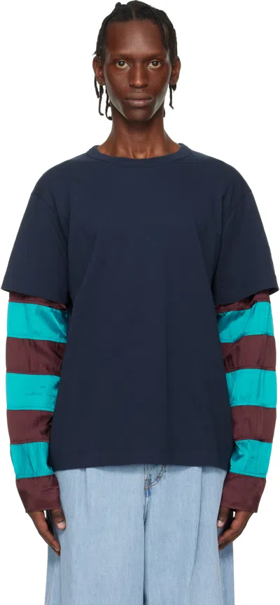 Dries Van Noten Striped Contrast-sleeve T-shirt In Blue