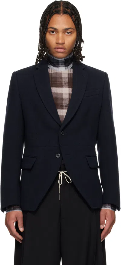 Dries Van Noten Navy Cropped Suit Blazer In Blue