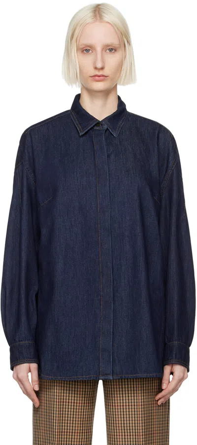 Dries Van Noten Navy Darted Denim Shirt In 507 Indigo