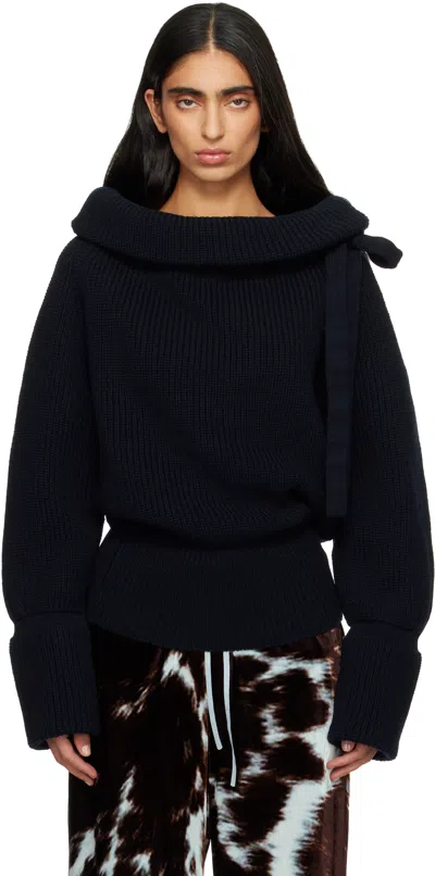 Dries Van Noten Navy Drawstring Turtleneck In Black