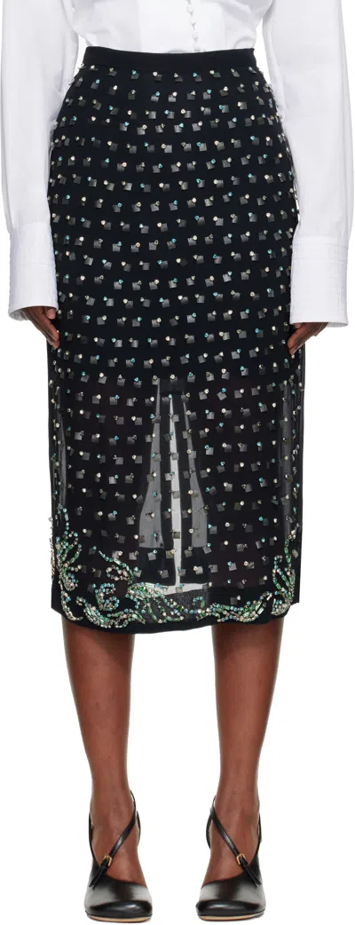 Dries Van Noten Navy Embellished Midi Skirt In Blue