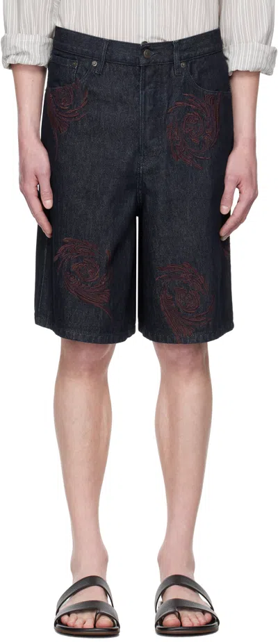 Dries Van Noten Navy Embroidered Pattern Denim Shorts