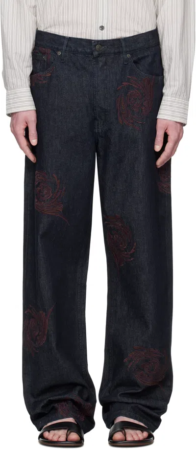 Dries Van Noten Navy Embroidered Pattern Jeans
