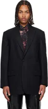 Dries Van Noten Navy Herringbone Wool Blazer In Black