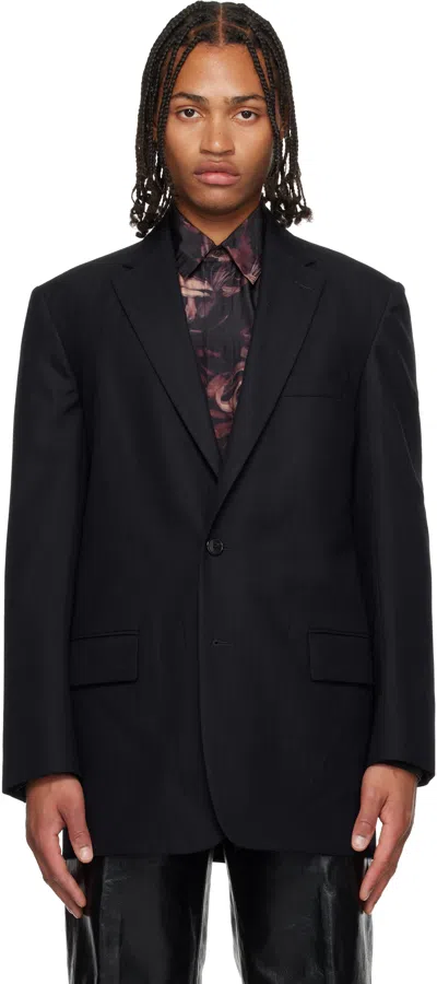 Dries Van Noten Navy Herringbone Wool Blazer In Black