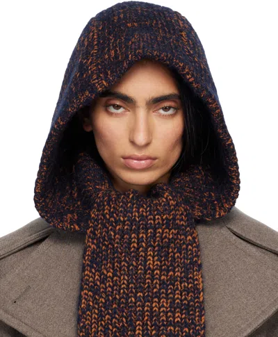 Dries Van Noten Navy Hooded Wool Scarf In Blue