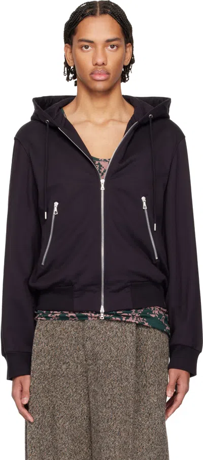 Dries Van Noten Navy Loose Zipped Hoodie In Black