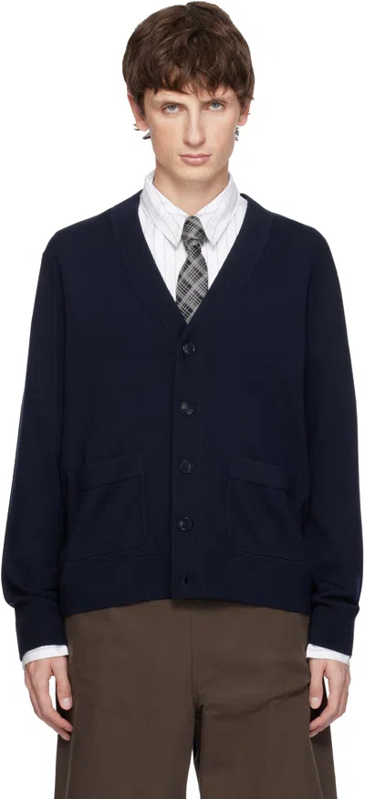 Dries Van Noten Navy Merino Wool Cardigan In Blue