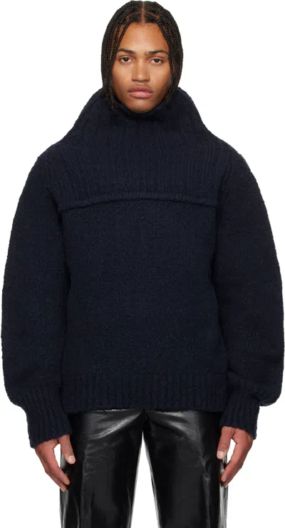 Dries Van Noten Navy Oversized Wool Turtleneck In Blue