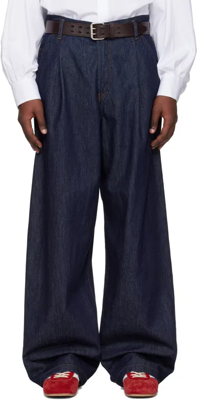 Dries Van Noten Navy Pleated Jeans In Blue