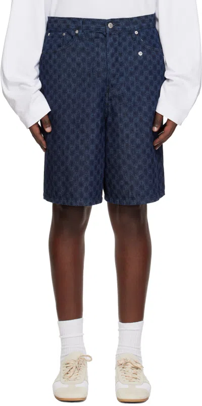 Dries Van Noten Navy Printed Denim Shorts In Green
