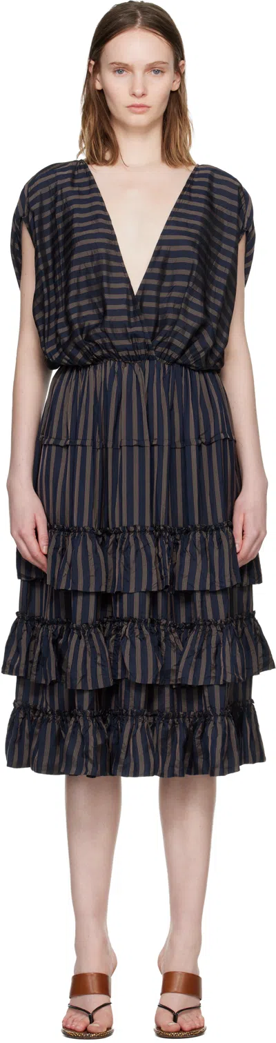 Dries Van Noten Navy Ruffled Midi Dress In Black