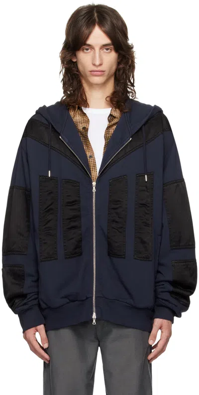 Dries Van Noten Navy Satin Panels Hoodie In 509 Navy