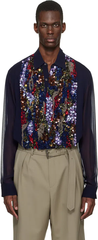 Dries Van Noten Navy Sequinned Shirt In Blue