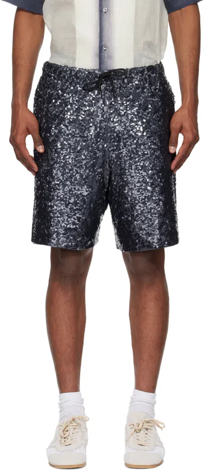 DRIES VAN NOTEN NAVY SEQUINNED SHORTS
