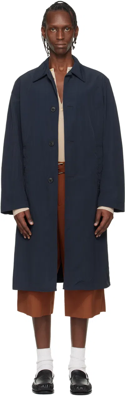 Dries Van Noten Navy Taffeta Coat In Brown