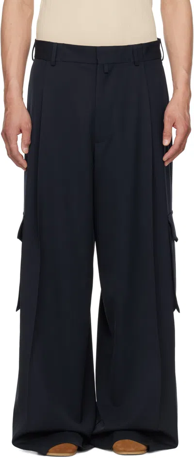 DRIES VAN NOTEN NAVY WIDE PLEATED TROUSERS