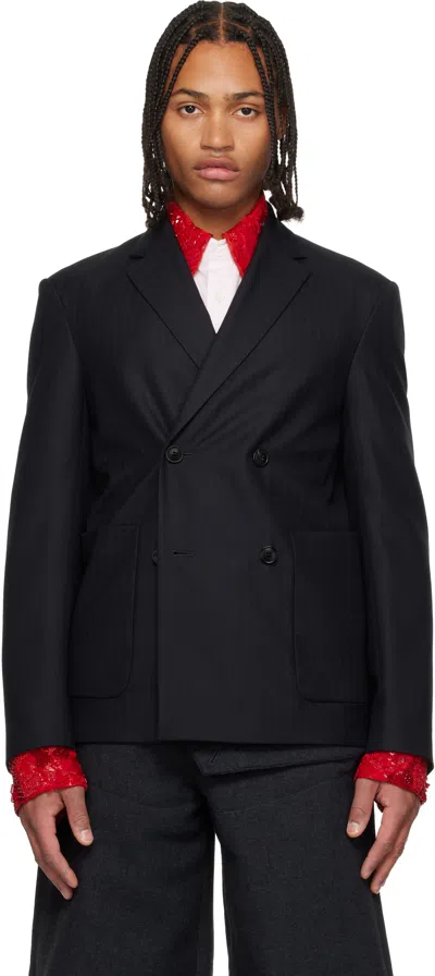 Dries Van Noten Navy Wool Blazer In Black