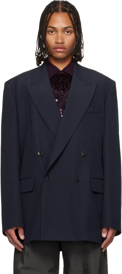 Dries Van Noten Navy Wool Blazer In Blue