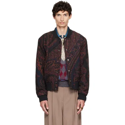 Dries Van Noten Navy Wool Bomber Jacket In Brown