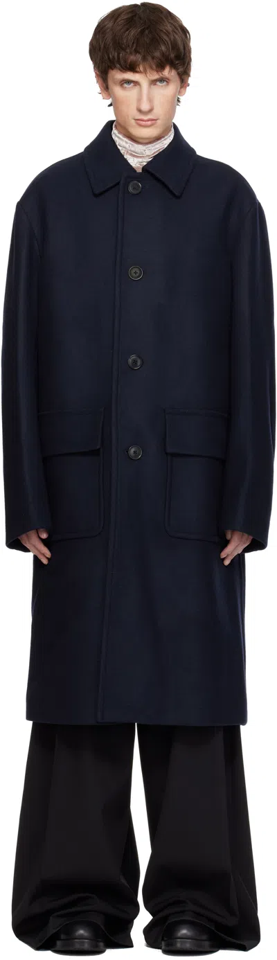 Dries Van Noten Navy Wool Coat In Animal Print