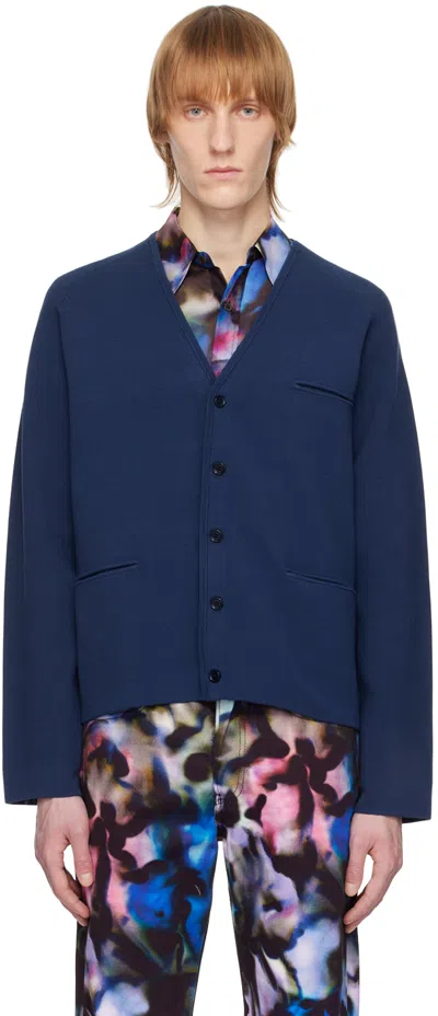 Dries Van Noten Navy Y-neck Cardigan In 517 Dark Blue