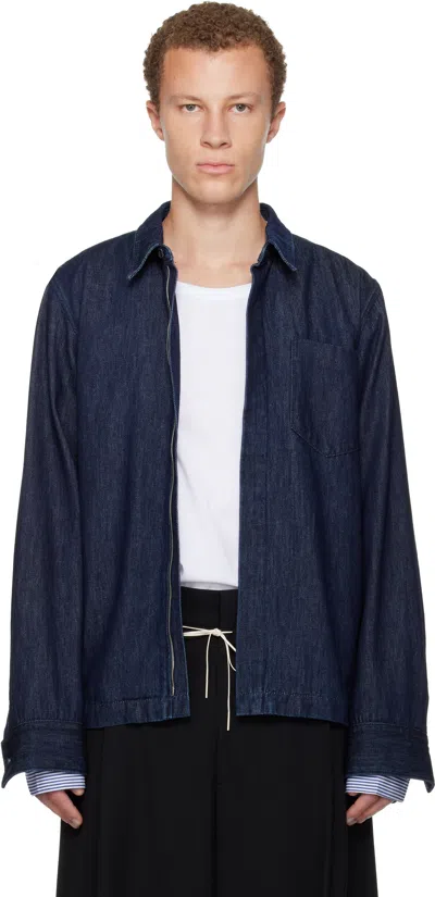 Dries Van Noten Navy Zip Denim Shirt In Animal Print
