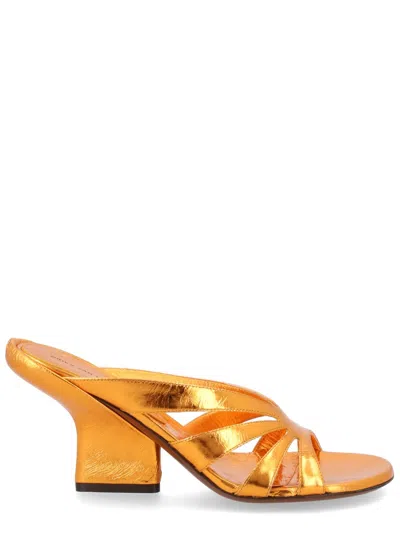 Dries Van Noten Neutrals Metallic Cross Straps Block Heel Sandals In Gold