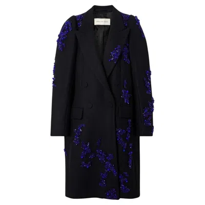 Pre-owned Dries Van Noten New  Rinky Embroidered Wool-blend Cocoon Coat Size S In Black