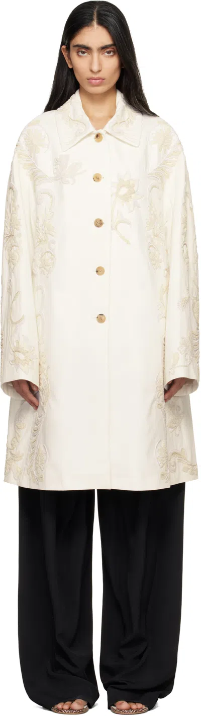 Dries Van Noten Off-white Embroidered A-line Coat In Neutral
