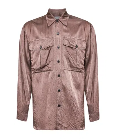 Dries Van Noten Old Rose Viscose And Cotton Shirt With Chest Pockets In Brown