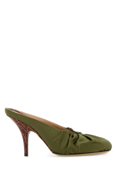 Dries Van Noten Olive Green Satin Mules