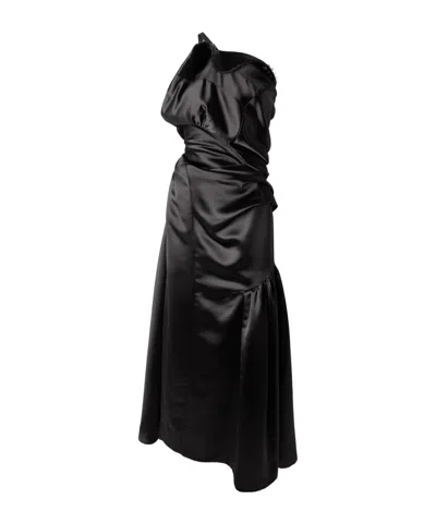 Dries Van Noten One-shoulder Gathered Pleated Satin Midi Dress In Black