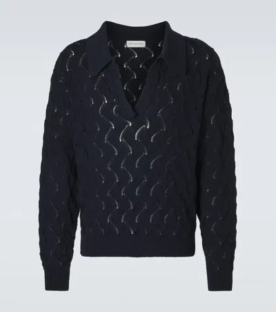 Dries Van Noten Textured V Neck Polo Knitwear Sweater In Blue