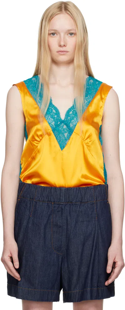 Dries Van Noten Orange & Blue Silk Lace Tank Top In 369 Mandarin