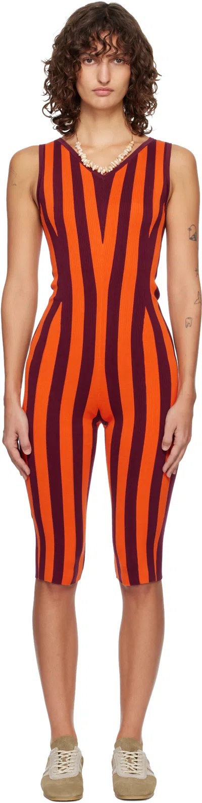 Dries Van Noten Orange & Burgundy Knitted Jumpsuit