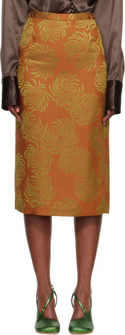 Dries Van Noten Orange & Gold Double Dye Jacquard Midi Skirt