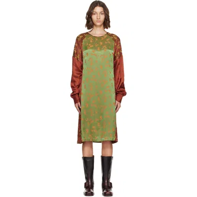 Dries Van Noten Orange & Green Floral Satin Midi Dress