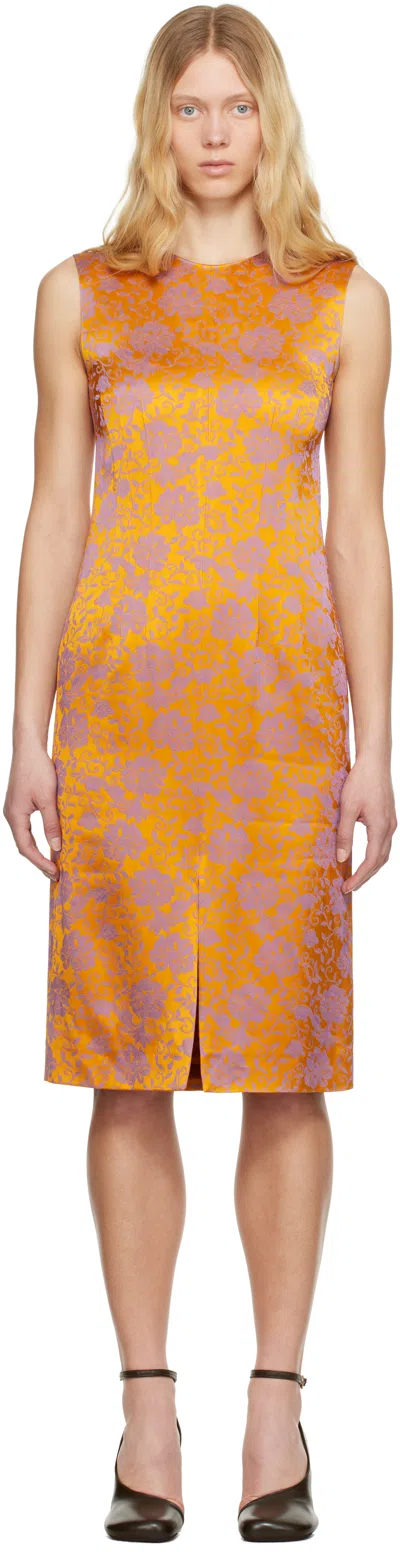 DRIES VAN NOTEN ORANGE & PURPLE FLORAL MIDI DRESS