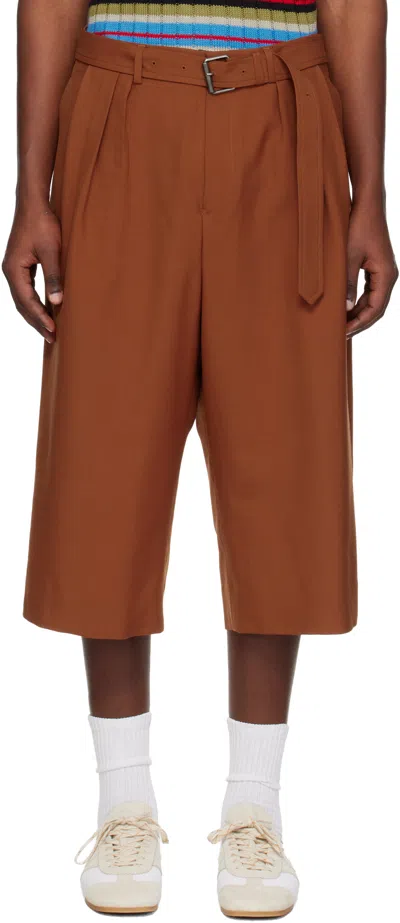 Dries Van Noten Orange Belted Wool Mohair Shorts In Brown