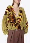 Dries Van Noten Camiel Leopard Orchid Print Faux Wrap Top In Green