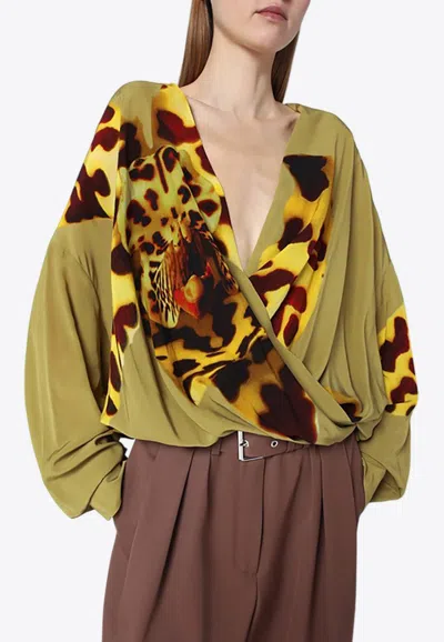 Dries Van Noten Orchid Print Crossed Draped Blouse In Green
