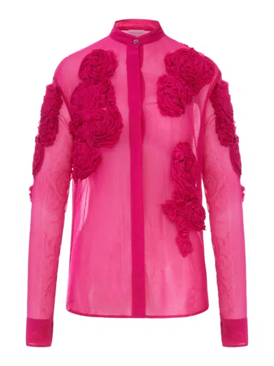 Dries Van Noten Organza Shirt With Floral Applications In Pink