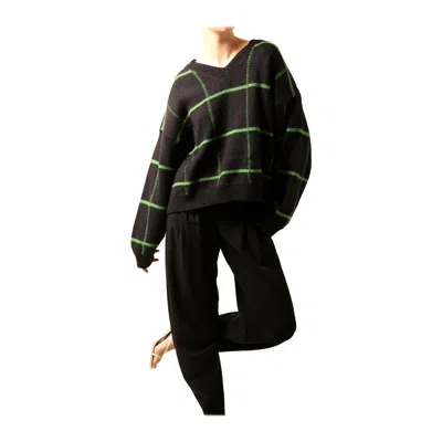 Pre-owned Dries Van Noten Oversized Black Green Check Print Knitted Wool Ribbed Sweater