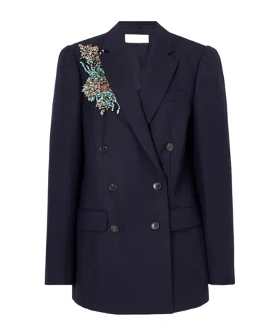 Dries Van Noten Oversized Double-breasted Embellished Wool Herringbone Blazer In Blue