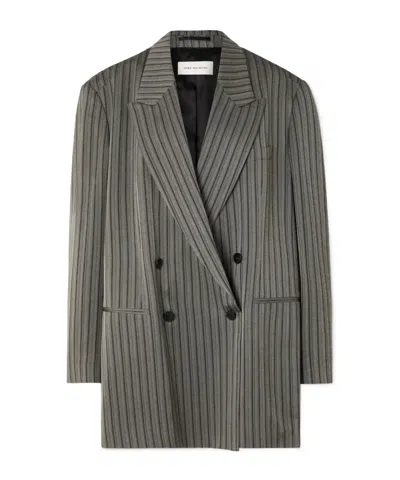 Dries Van Noten Oversized Double-breasted Striped Twill Suit Jacket In Gray